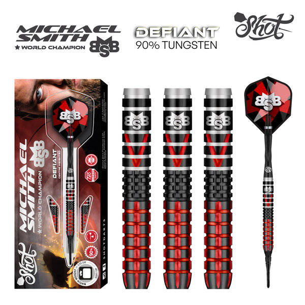SHOT DARTS Shot Michael Smith Defiant 90% Tungsten Centre Weighted Soft Tip Darts
