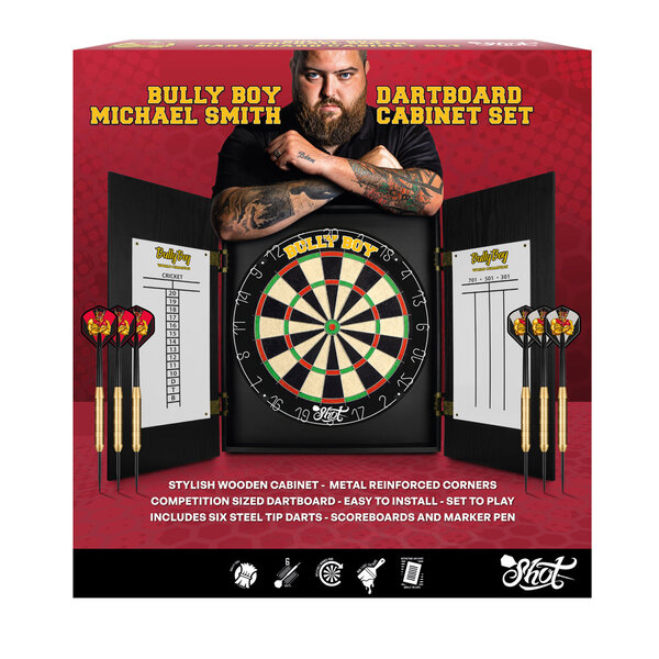 SHOT DARTS Shot Michael Smith Bully Boy Dartboard Cabinet Set