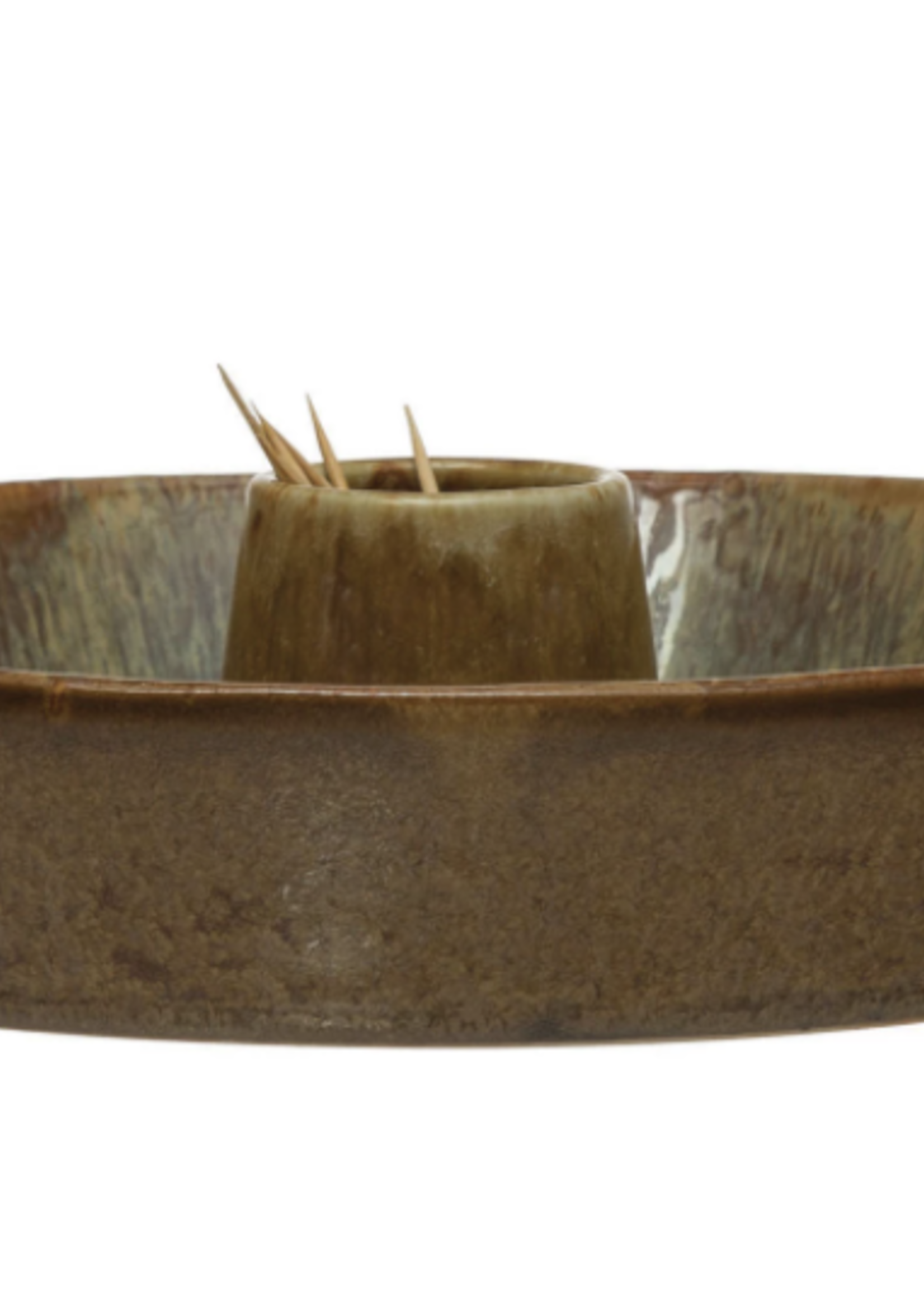 Creative Co-Op Stoneware Dish w/ Toothpick Holder, Brown