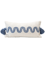 Cotton Lumbar Pillow w/ Embroidered Curved Pattern & Tassels,