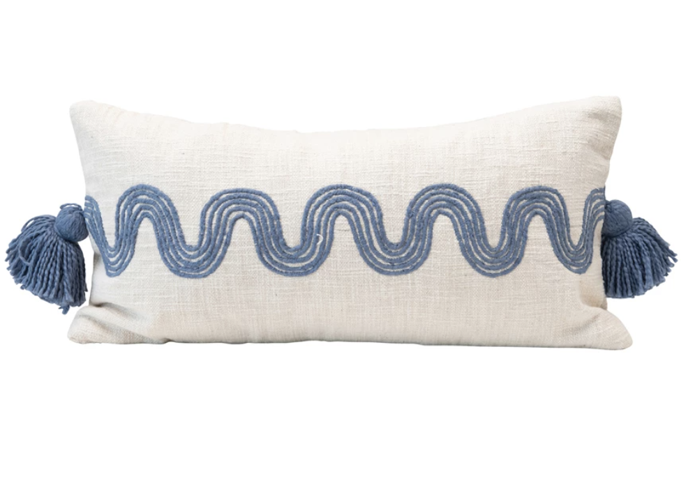 Cotton Lumbar Pillow with Embroidered Curved Pattern & Tassels, Cream Color & Blue