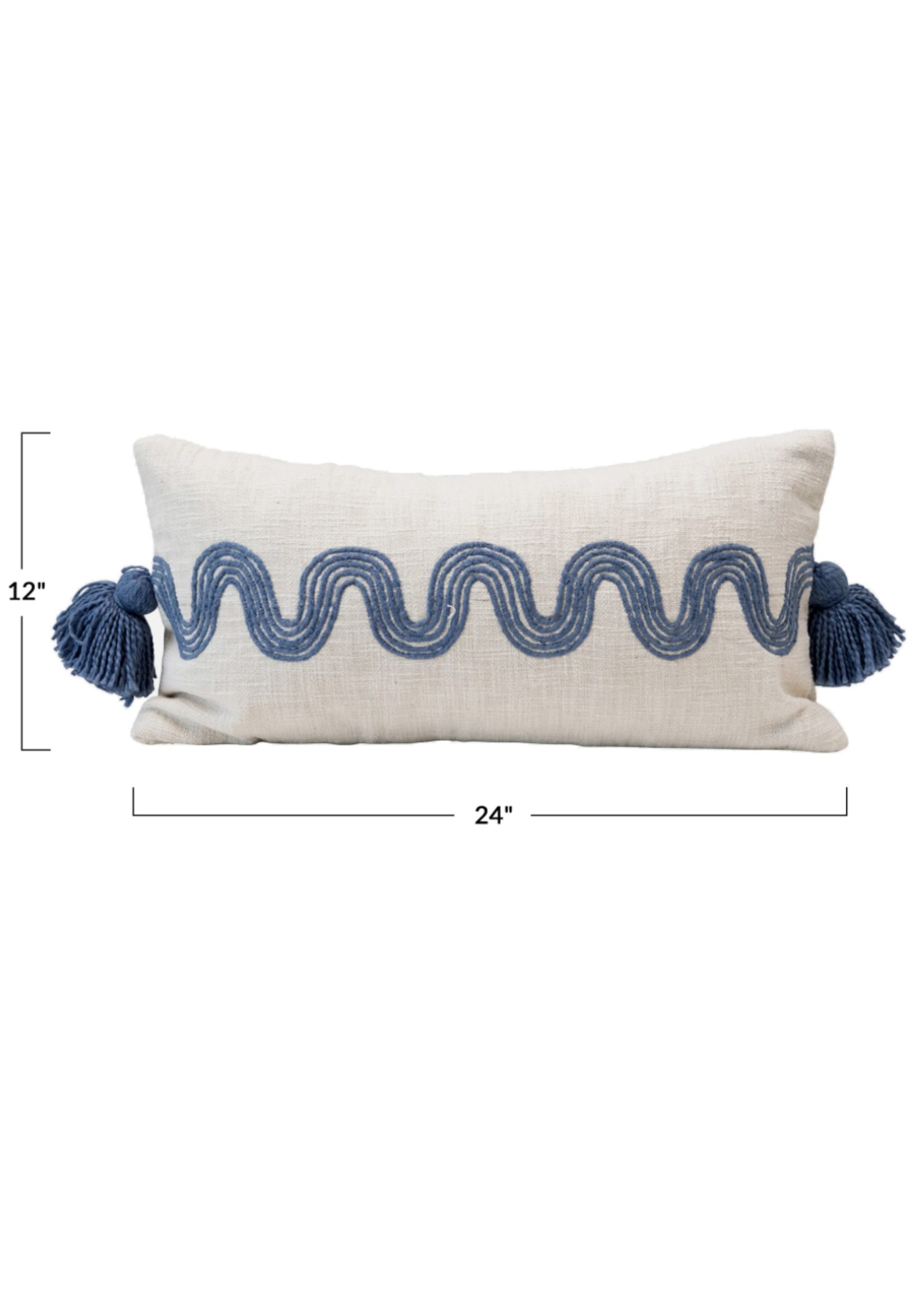 Cotton Lumbar Pillow w/ Embroidered Curved Pattern & Tassels,