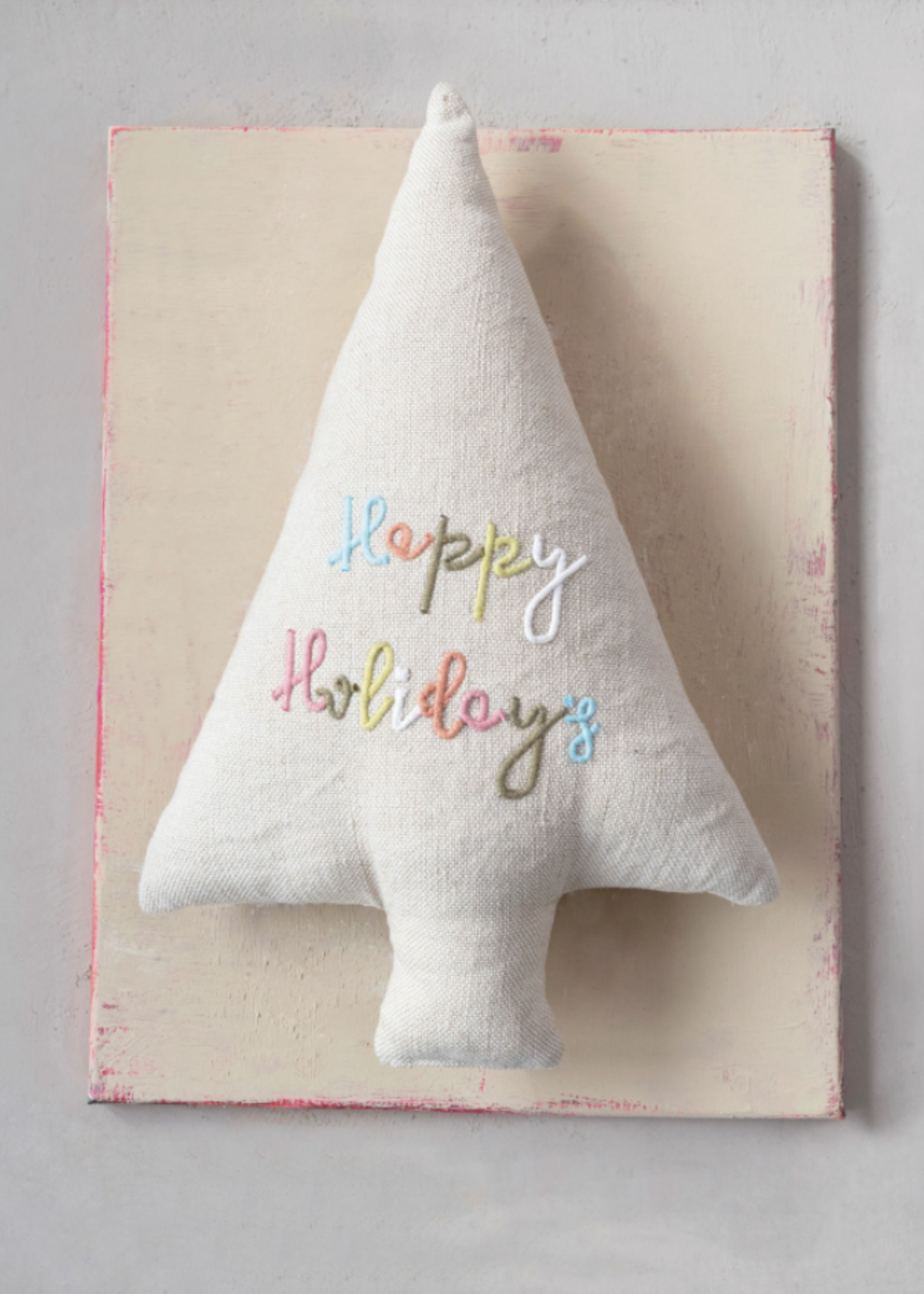 Creative Co-Op Cotton and Jute Tree Shaped Pillow "Happy Holidays", Multi Color