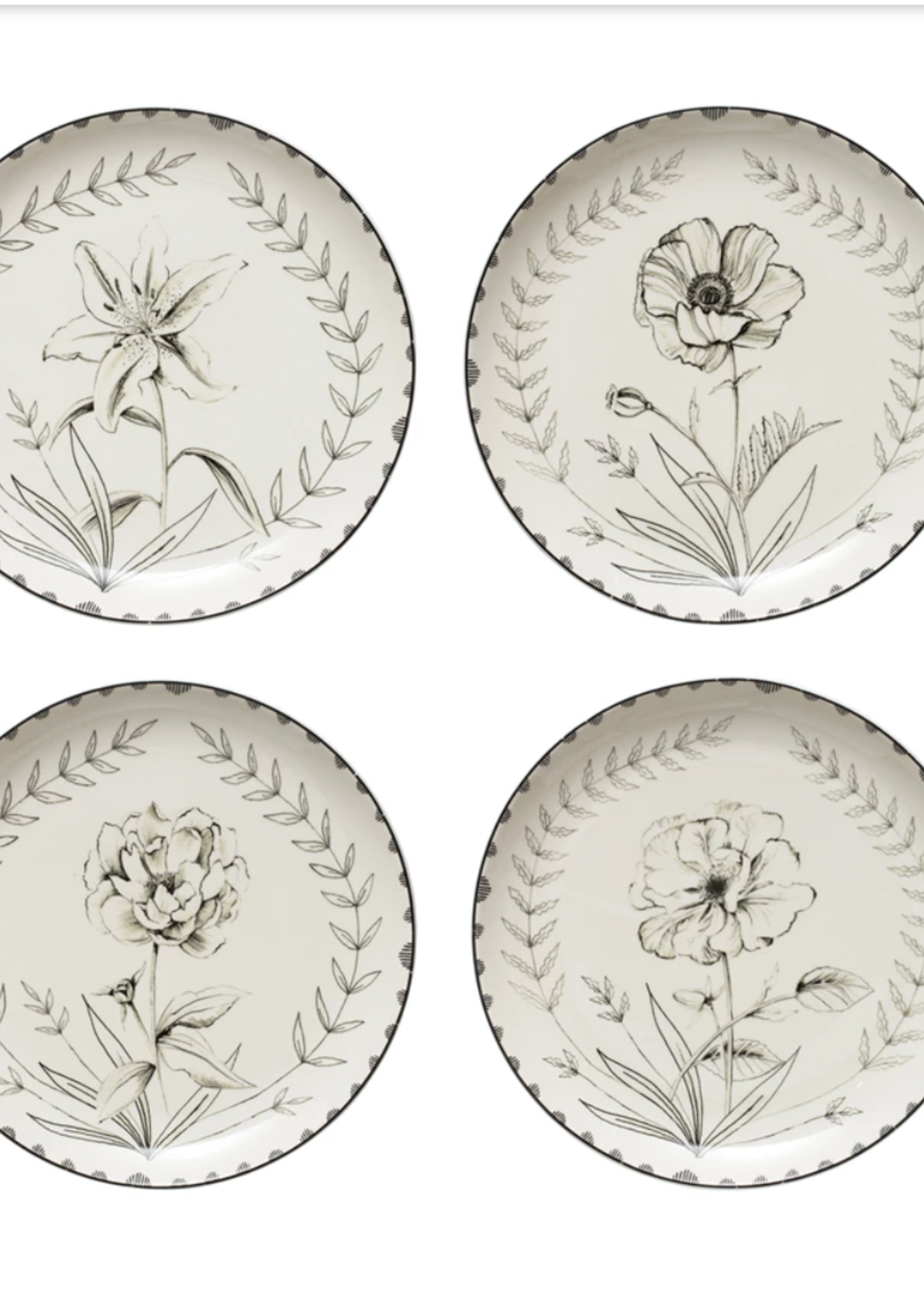 Creative Co-Op Round Stoneware Plate w/ Floral Image (set of 4)