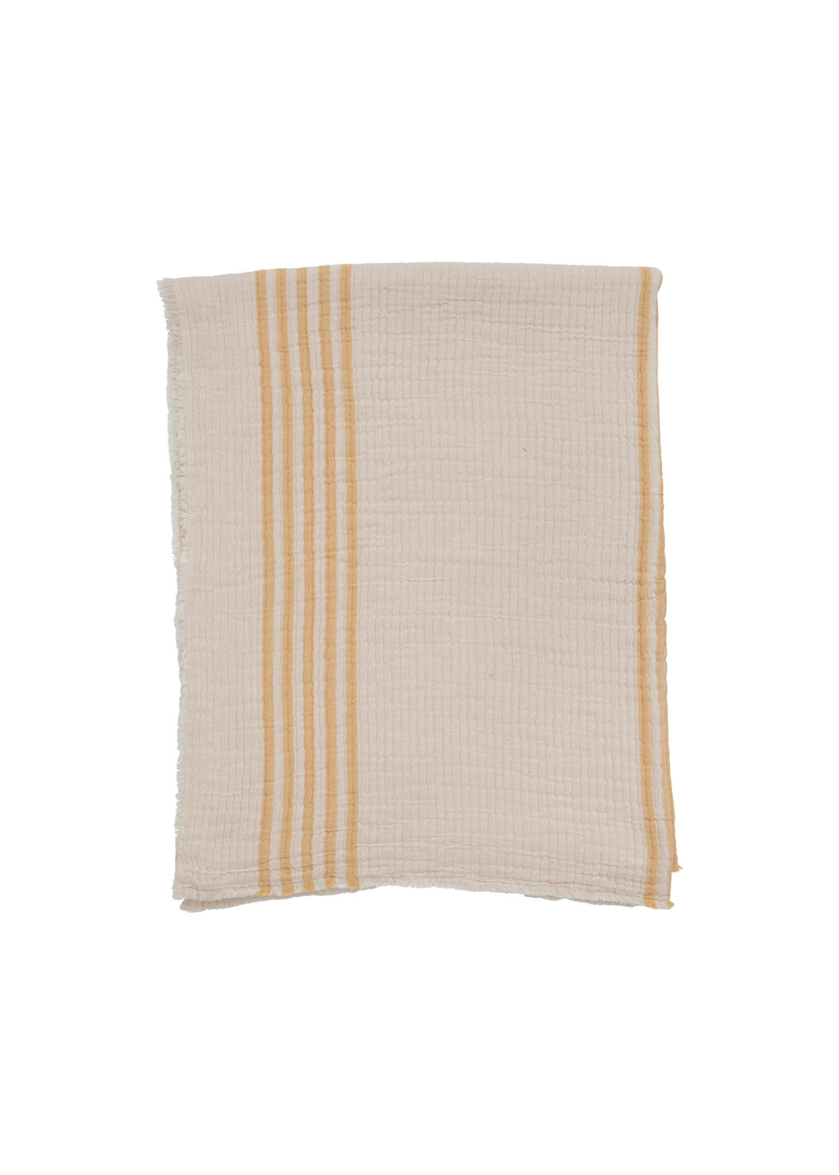 Cotton Double Cloth Stitched Throw with Stripes and Frayed Edges