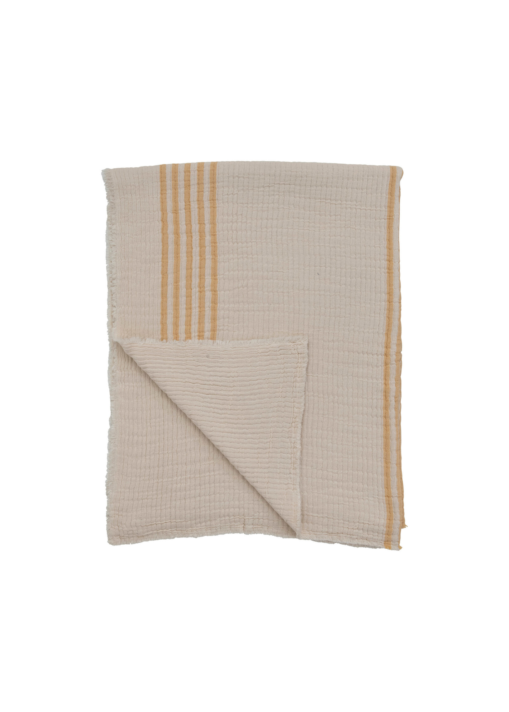 Cotton Double Cloth Stitched Throw with Stripes and Frayed Edges