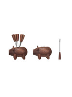 Sapele Wood Pig Shaped Holder w/ 6 Appetizer Forks