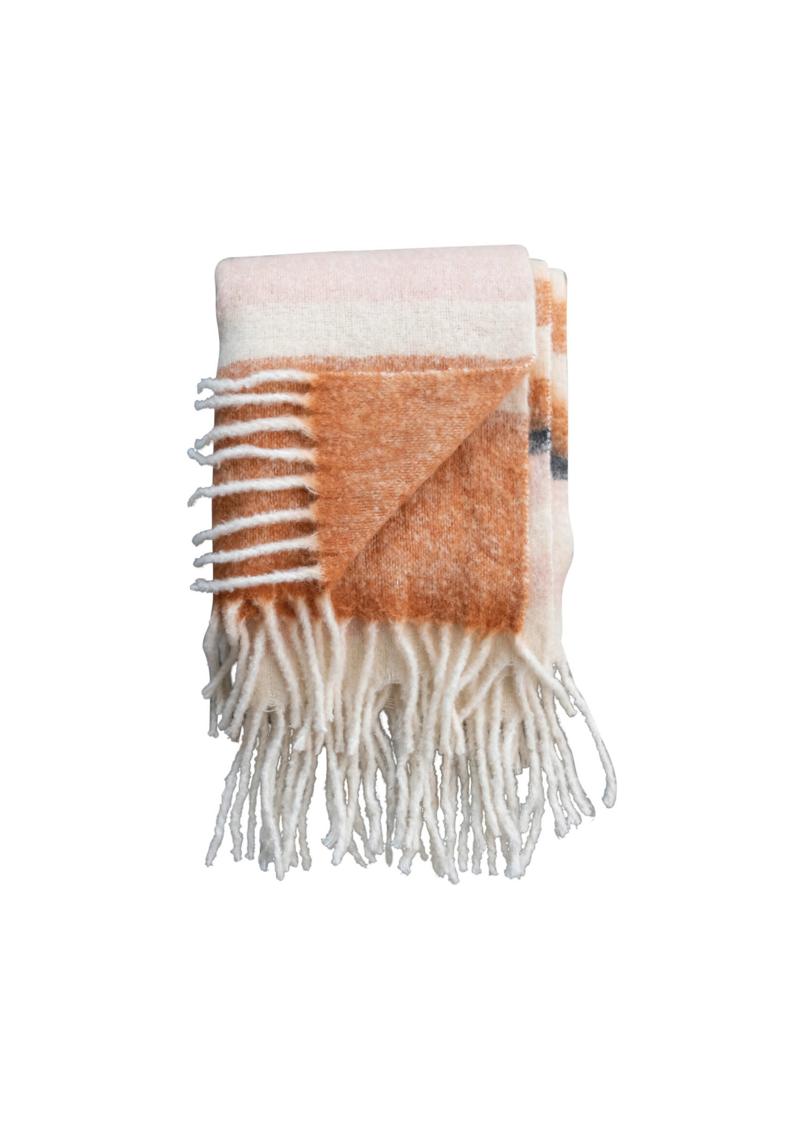 Brushed Acrylic & New Zealand Wool Throw w/ Orange & Pink Stripes & Fringe