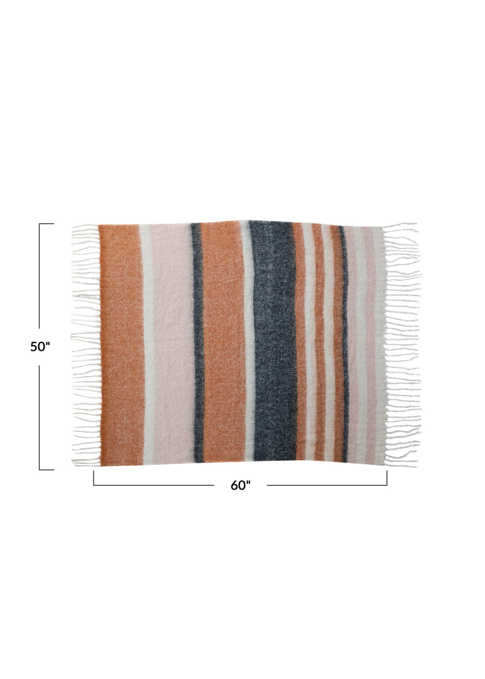 Brushed Acrylic & New Zealand Wool Throw w/ Orange & Pink Stripes & Fringe