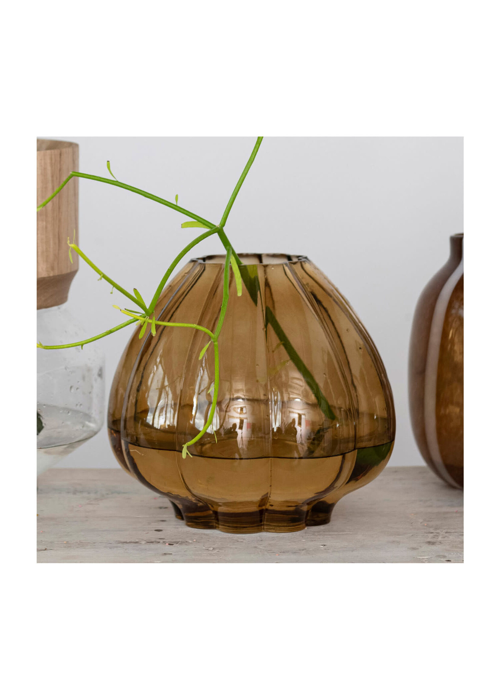 9-3/4" Round x 8-3/4"H Fluted Glass Vase, Brown