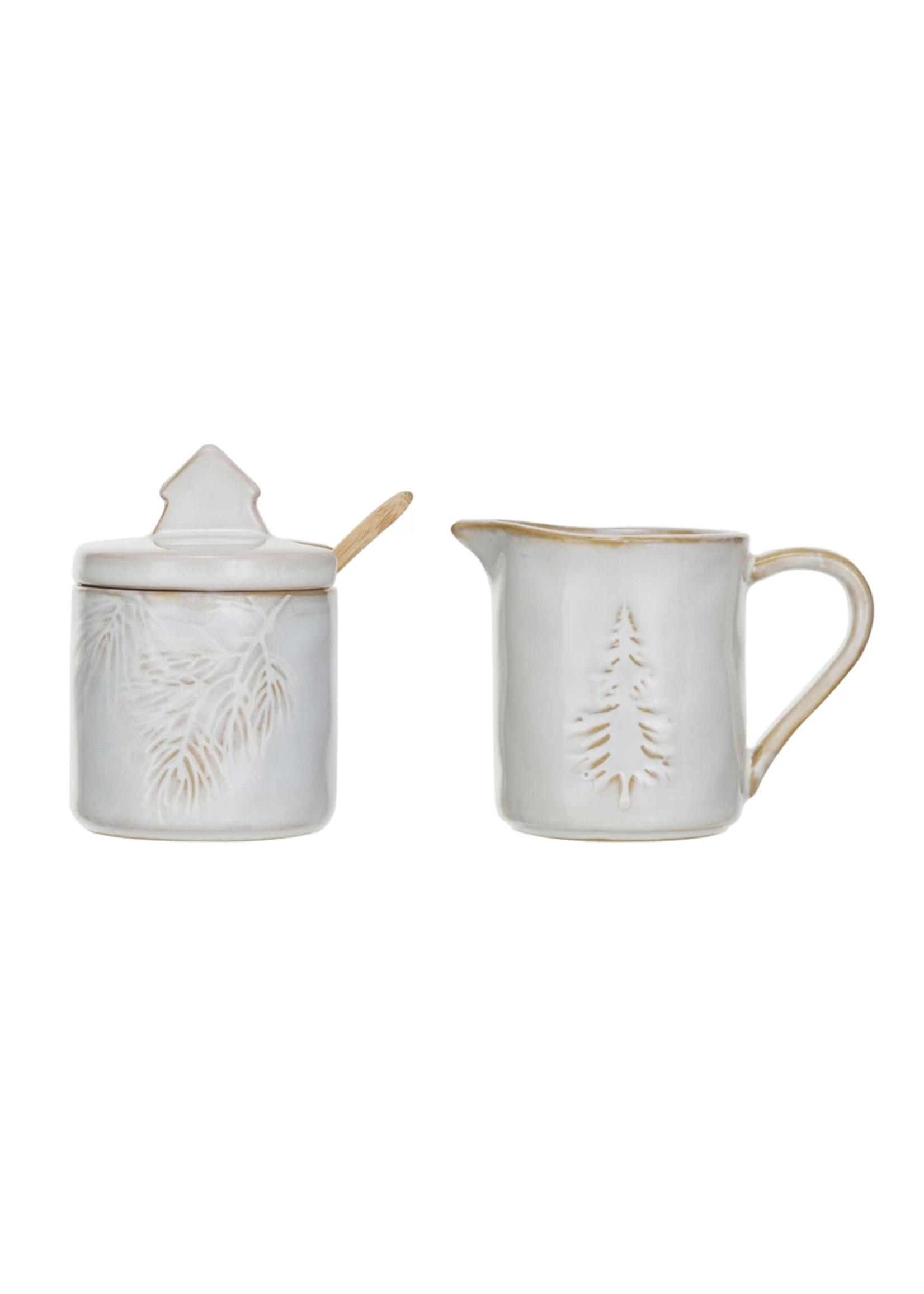 5 oz. Stoneware Creamer & 5 oz. Sugar Pot w/ Spoon, Set of 3 (Each One Will Vary)