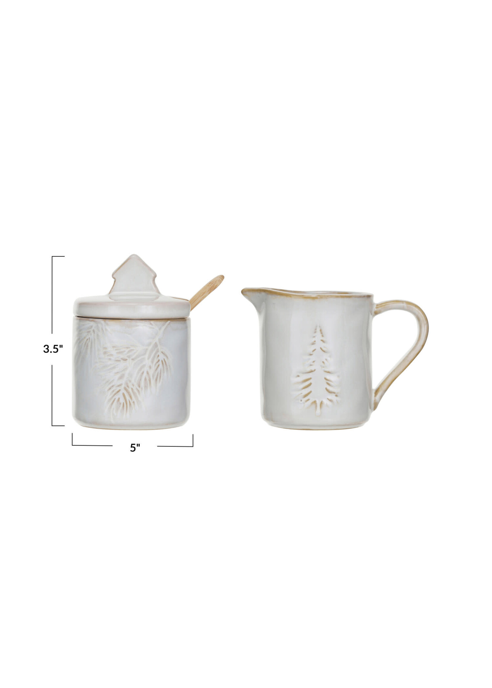 5 oz. Stoneware Creamer & 5 oz. Sugar Pot w/ Spoon, Set of 3 (Each One Will Vary)