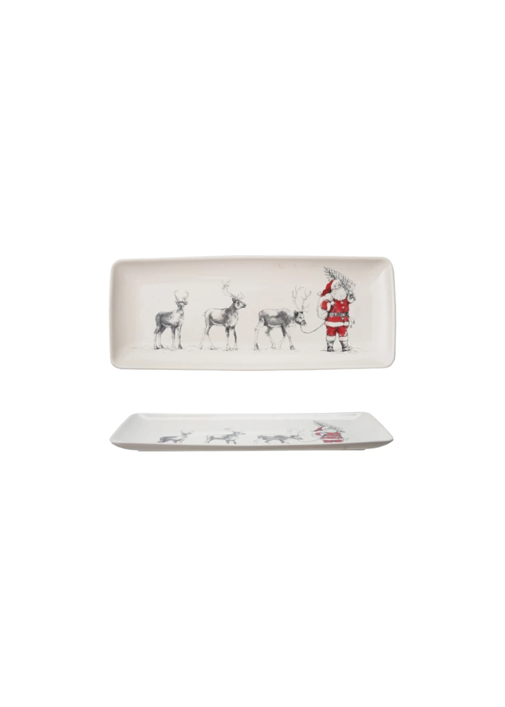 Rectangle Stoneware Serving Platter with Santa Leading Reindeer Image
