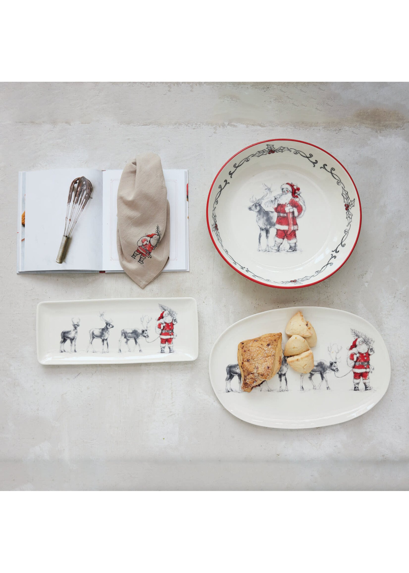 Rectangle Stoneware Serving Platter with Santa Leading Reindeer Image