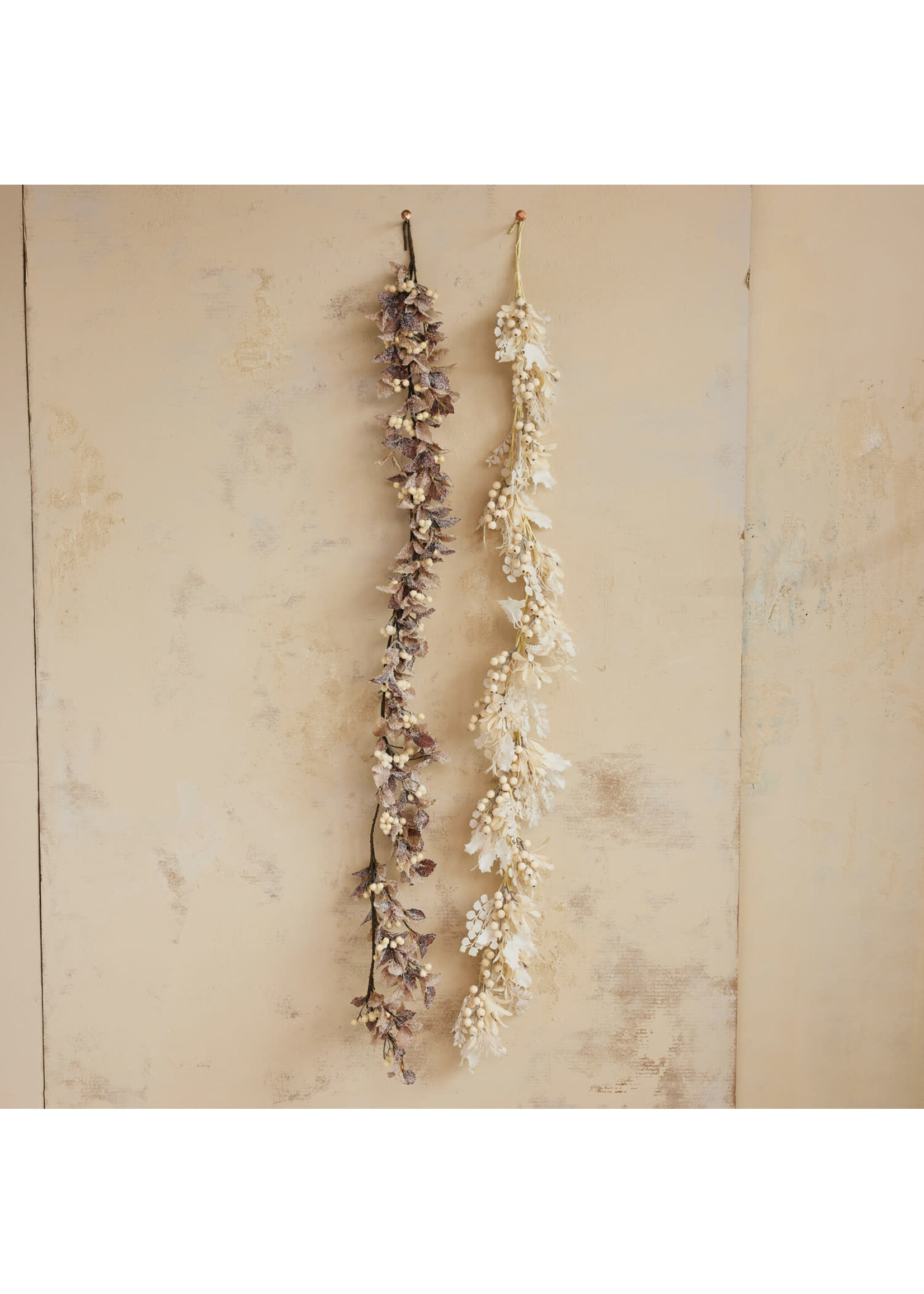 Faux Garland with Berries, Snow Finish, Brown & Cream Color