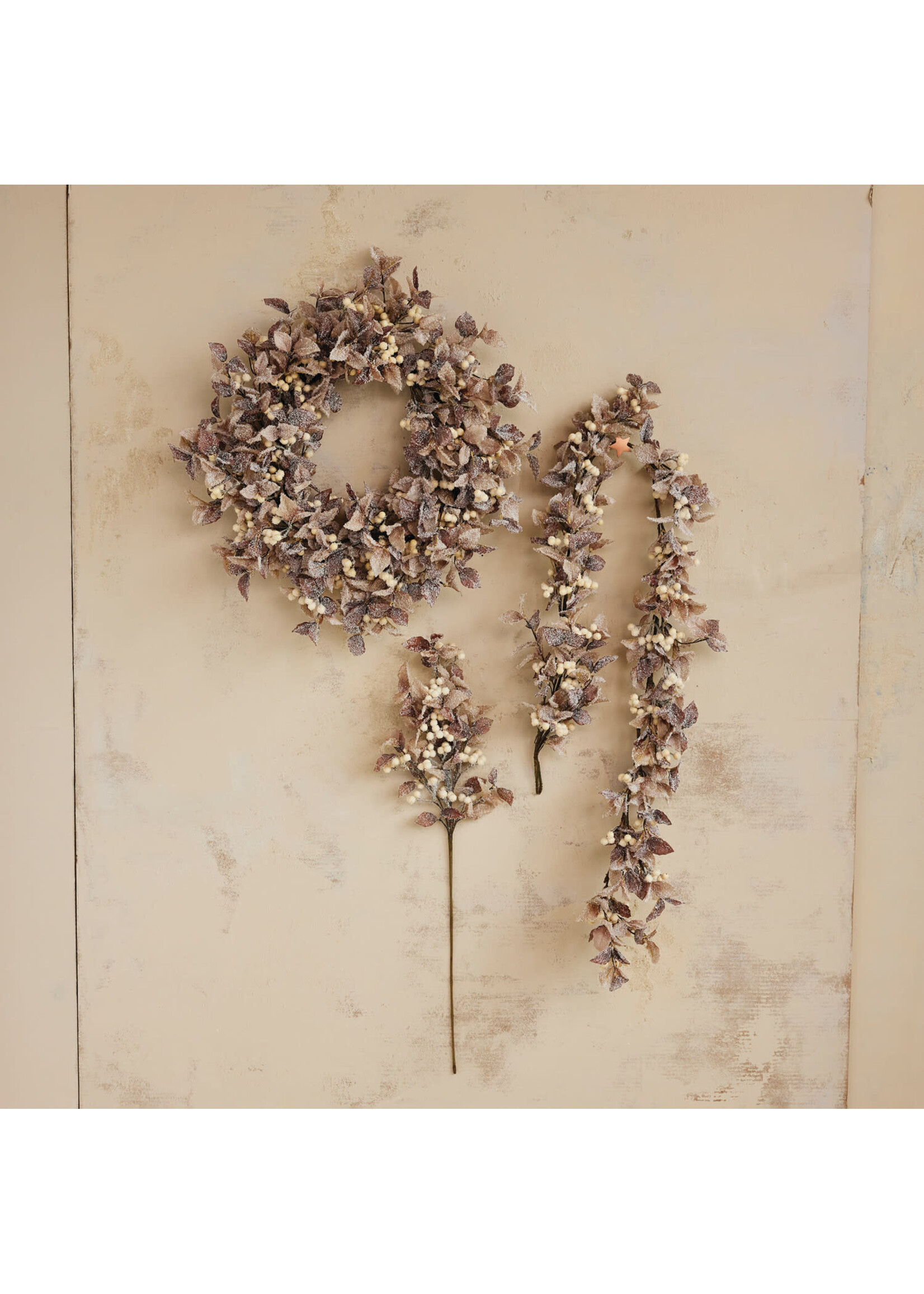 Faux Garland with Berries, Snow Finish, Brown & Cream Color