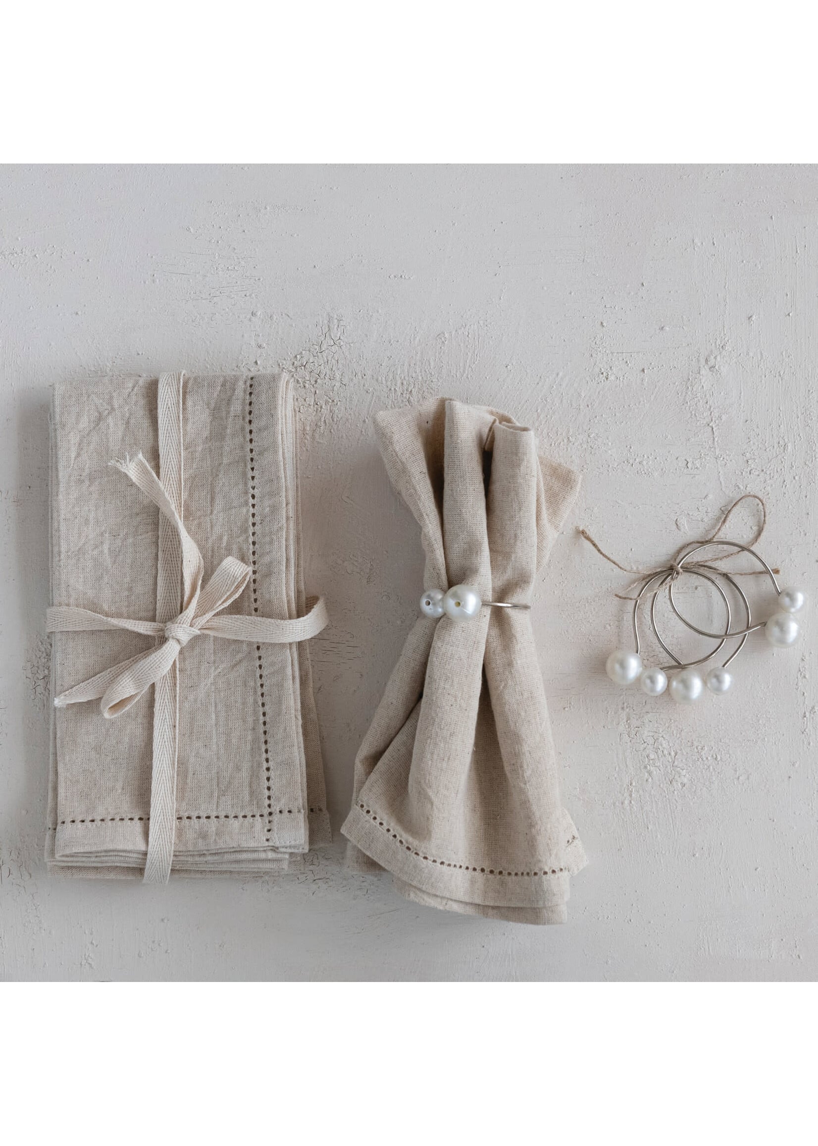 Cotton & Linen Napkins with Border Stitch, Natural, (Set of 4)