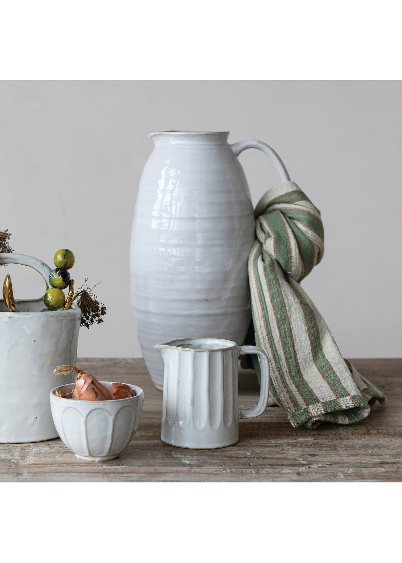 Quart Stoneware Pitcher, White (Each One Will Vary)