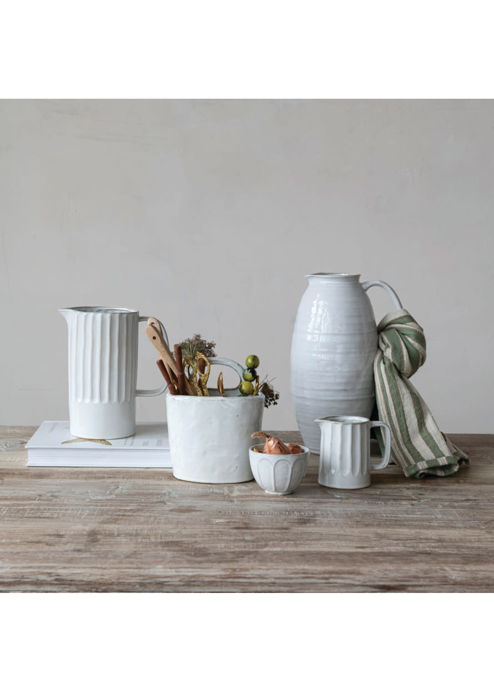 White Stoneware Ribbed Bowl,  (Each One Will Vary) SKU#DG2329