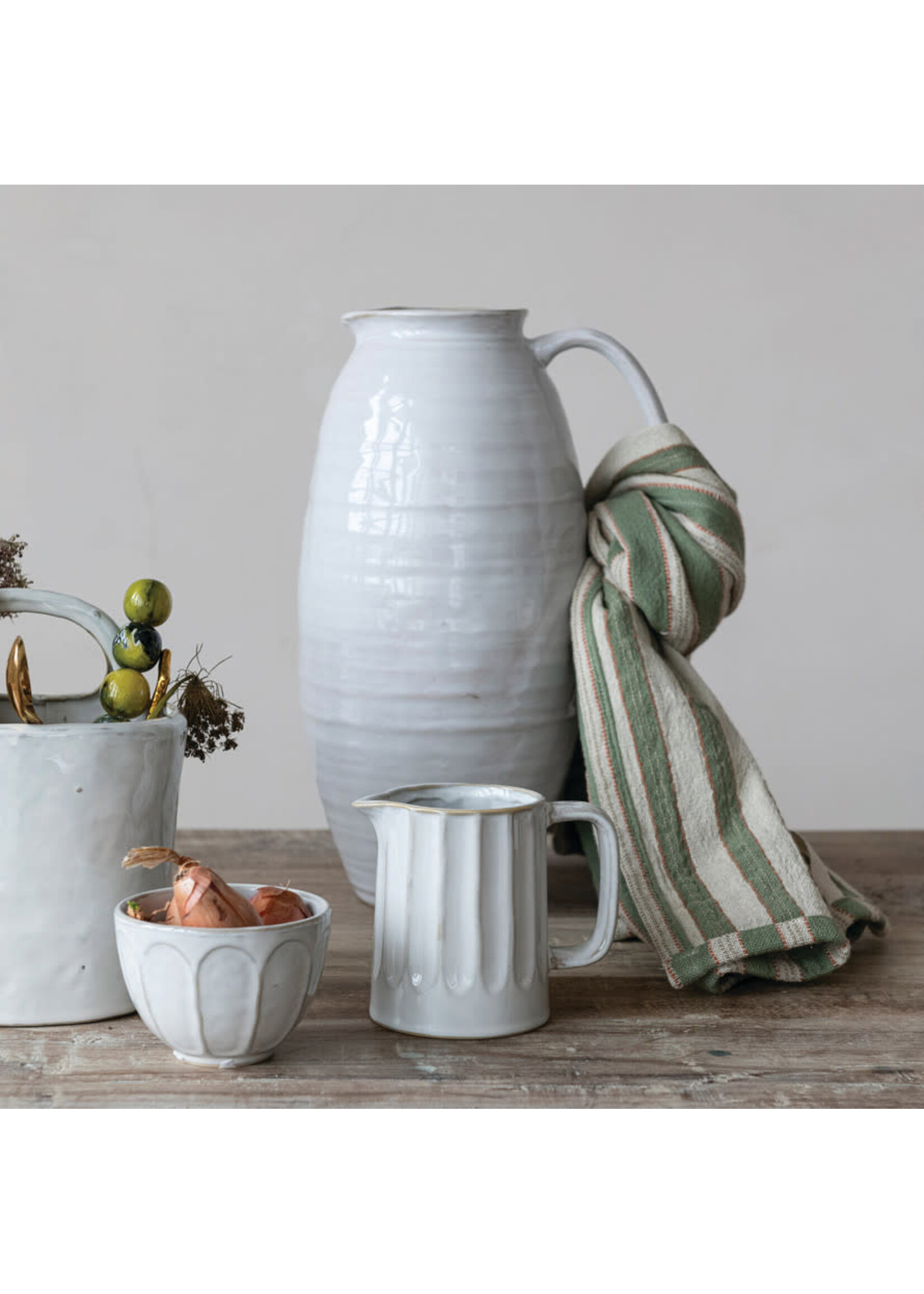 White Stoneware Ribbed Bowl,  (Each One Will Vary) SKU#DG2329