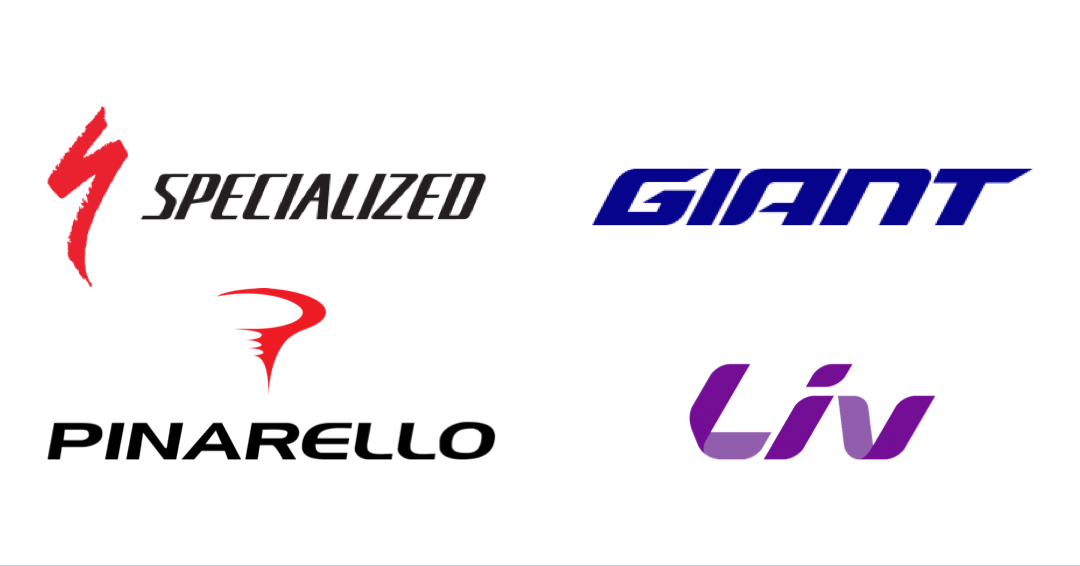 graphic of bicycle brands: pinarello, specialized, giant and liv