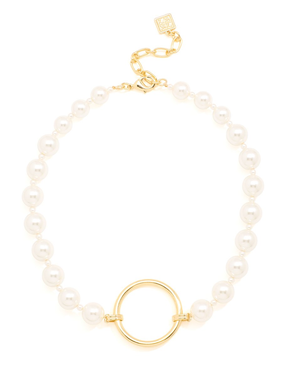 Stationed Flat Pearl Collar Necklace - Gold