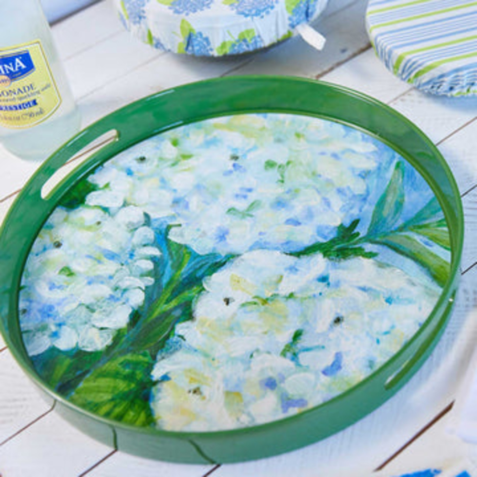 Rockflowerpaper White Hydrangeas 15" Round Tray