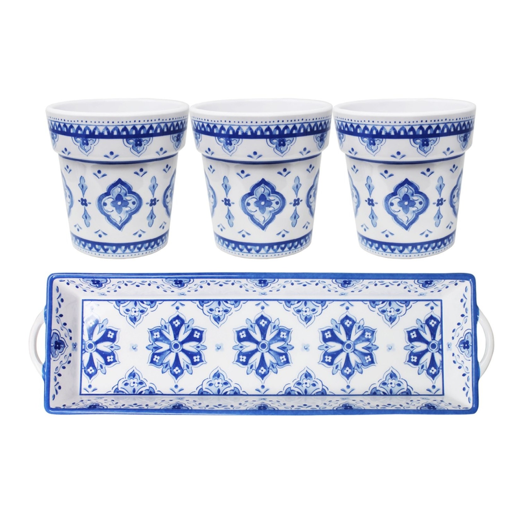 Le Cadeaux Moroccan Blue 3 Herb Pot with Rectangle Tray