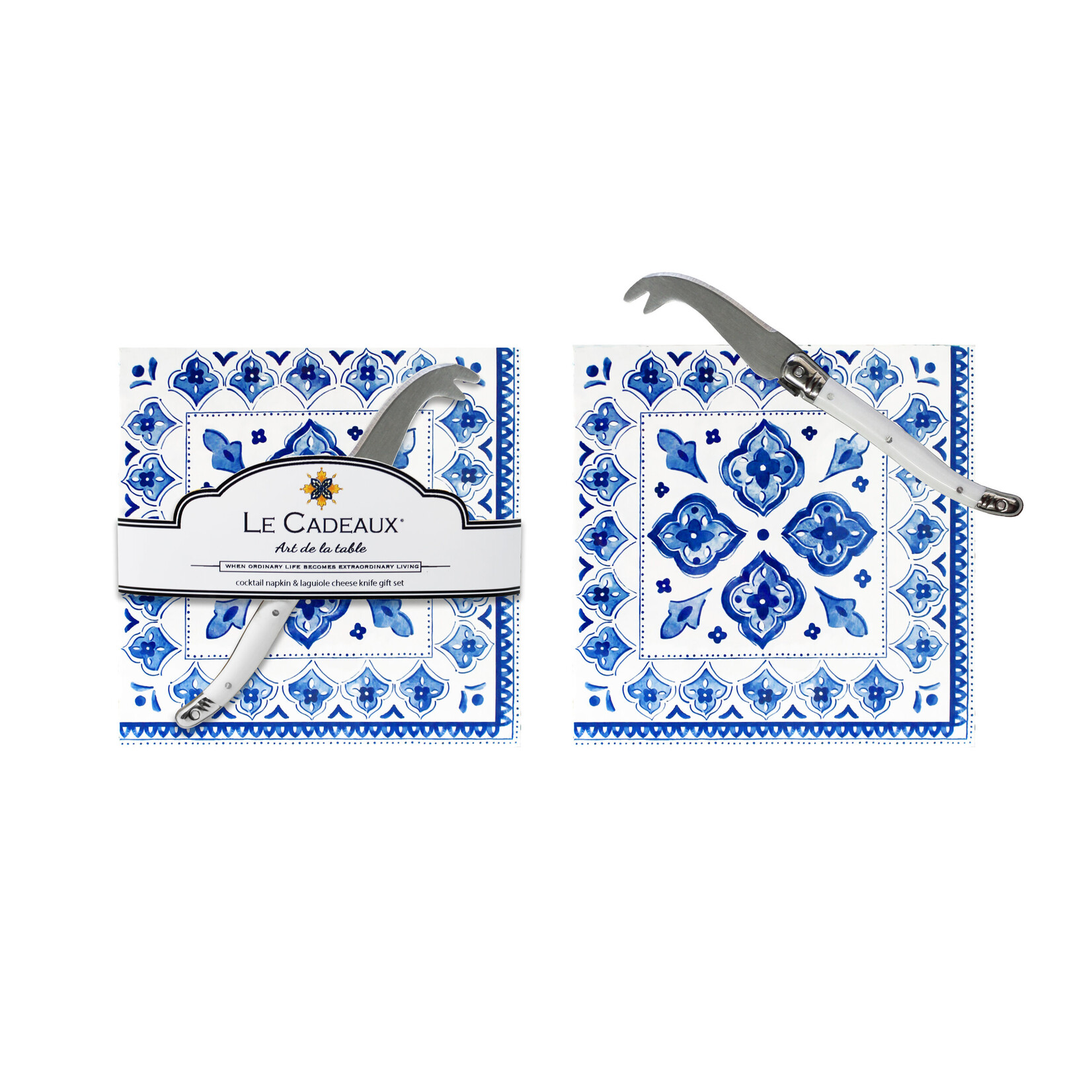 Le Cadeaux Le Cadeaux Moroccan Blue Cocktail Napkins Set of 20 with Mini Cheese Knife