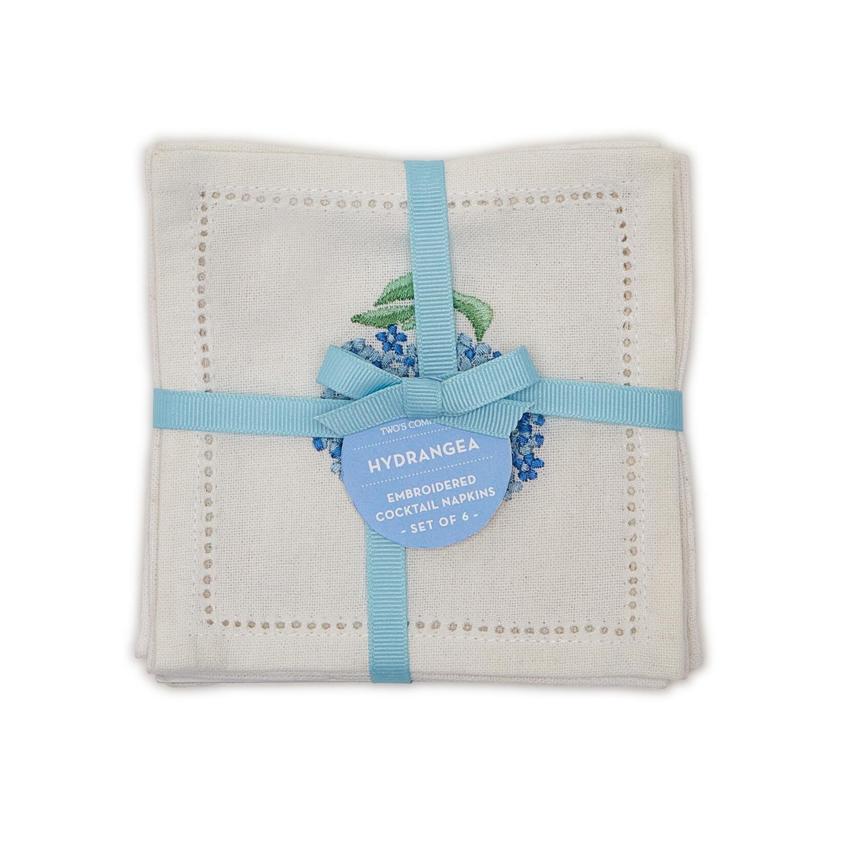 Two's Company Hydrangea Hemstitch Cocktail Napkins Set of 6