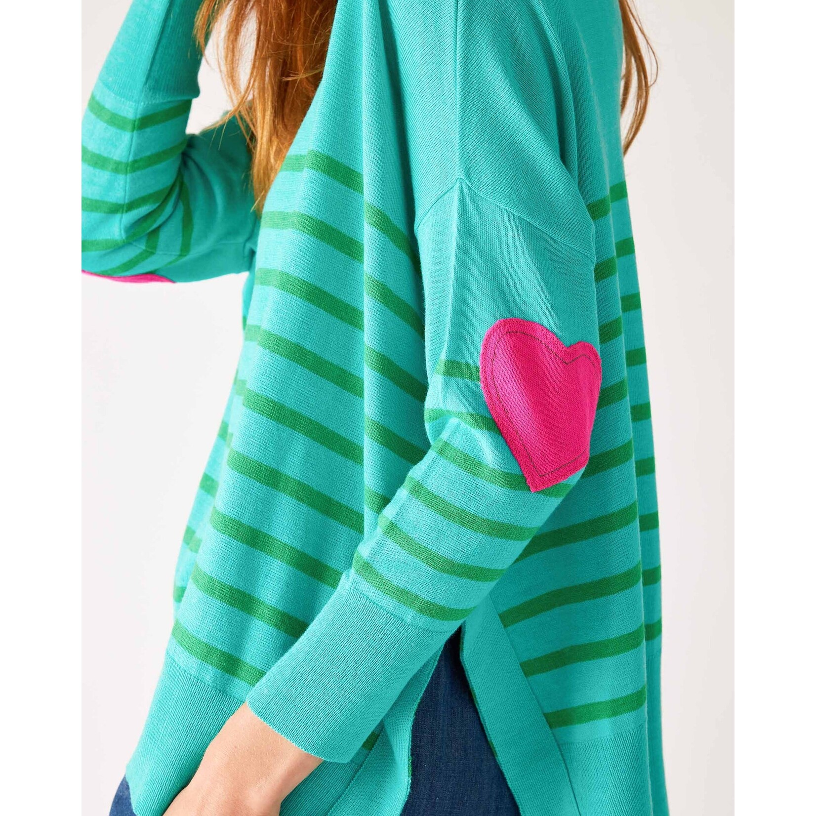 Mer-Sea Mer-Sea Amour Sweater with Heart Patch -  Turquoise/Jade Stripe