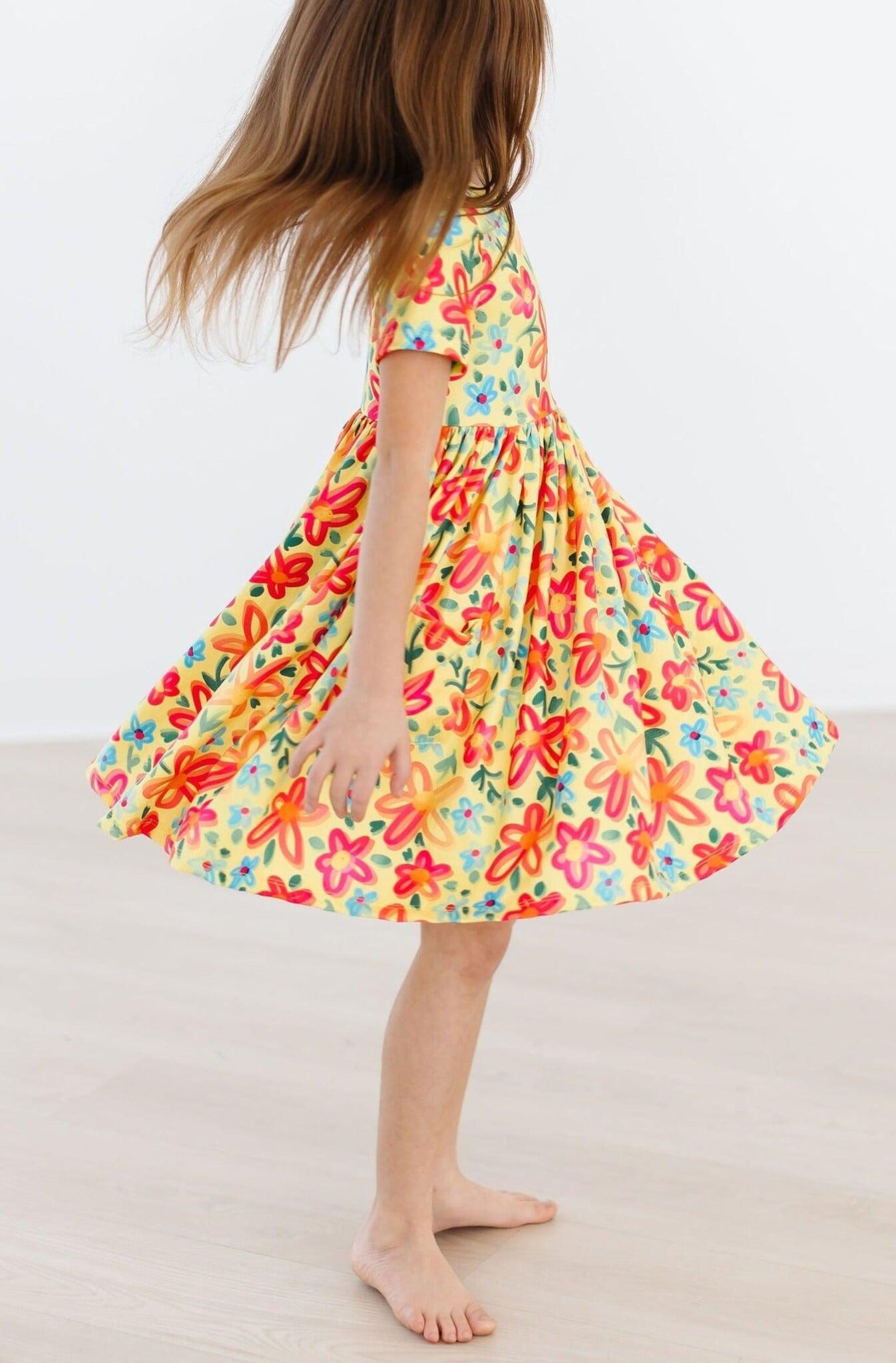Mila & Rose Yellow Neon Floral Short Sleeve Pocket Twirl Dress - The Blue  House