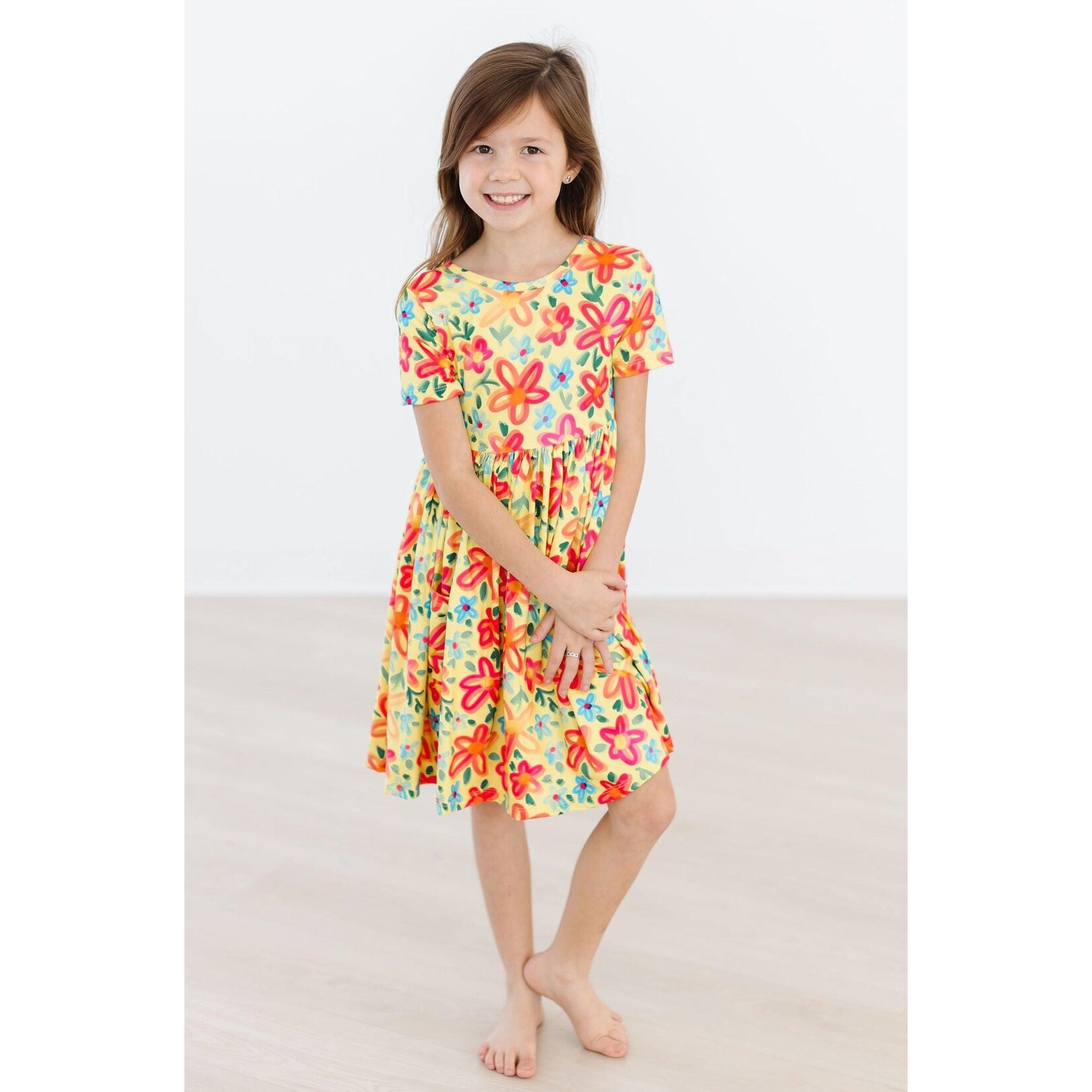 Mila & Rose Mila & Rose Yellow Neon Floral Short Sleeve Twirl Dress