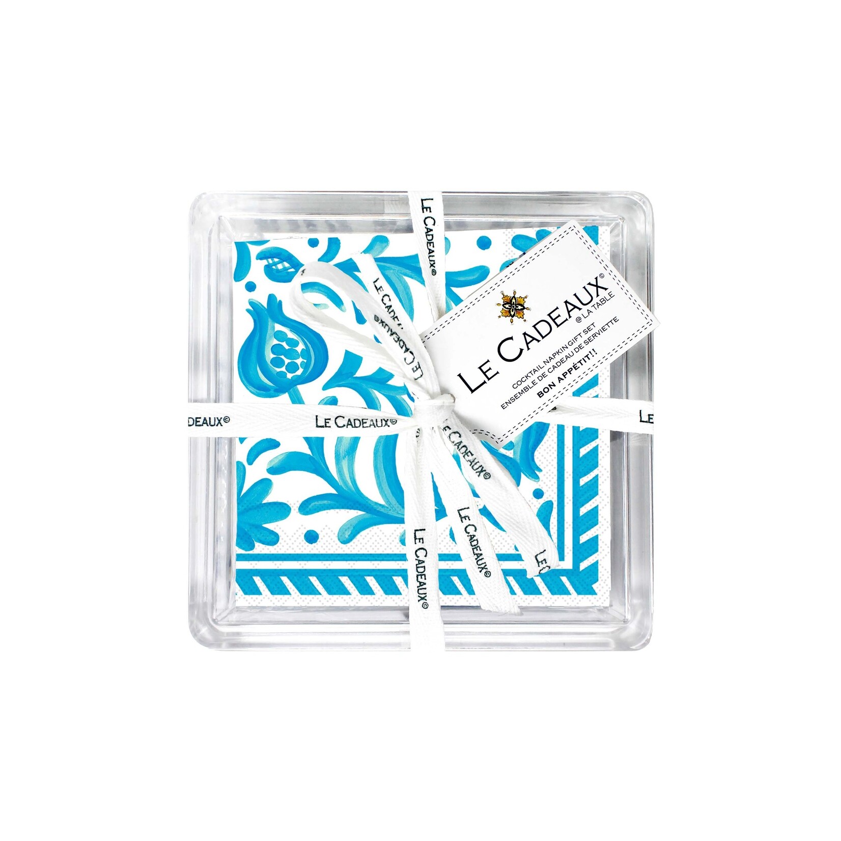 Le Cadeaux Le Cadeaux Sicily Teal Cocktail Napkins with Acrylic Holder Gift Set