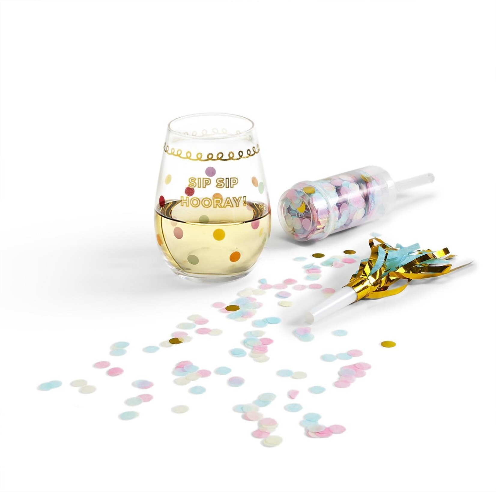 Two's Company Sip Sip Hooray Happy Birthday Stemless Wineglass w/ Confetti