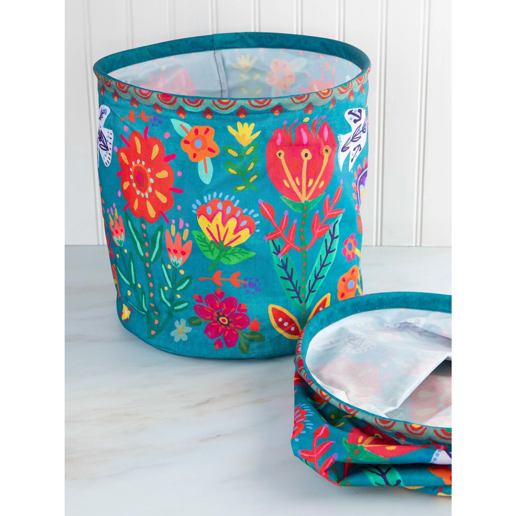 Natural Life Collapsible Trash / Storage Bin - Turquoise Folk Flower