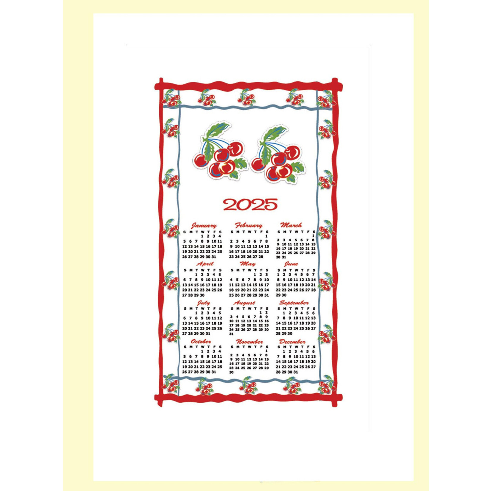 Red and White Kitchen 2025 Sweet Cherries Calendar Towel