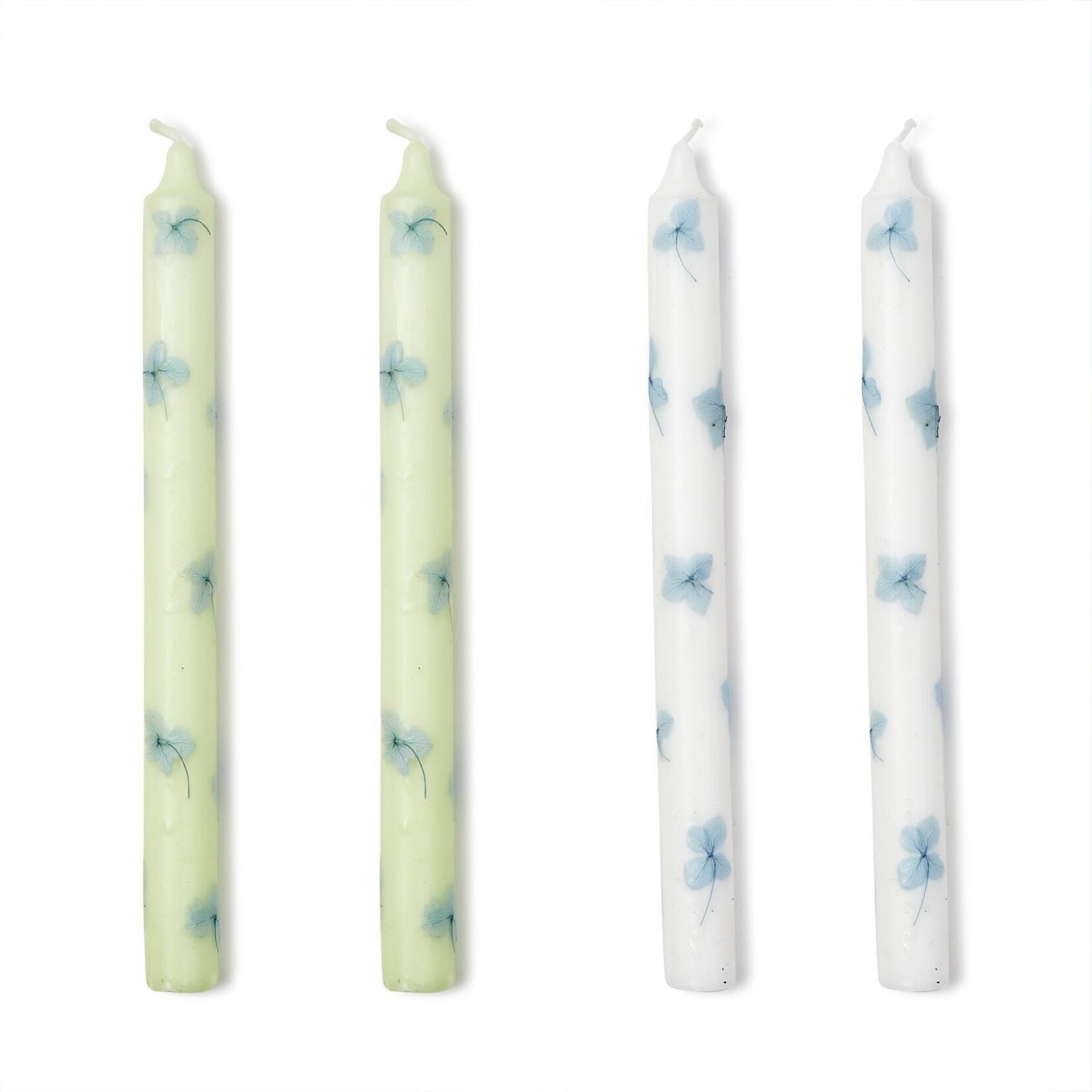 Two's Company Hydrangea Blooms Set of 2 Hand-Crafted Taper Candles with Pressed Hydrangea Flowers