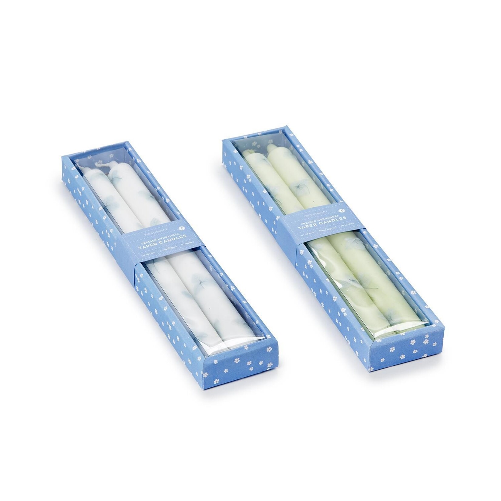 Two's Company Hydrangea Blooms Set of 2 Hand-Crafted Taper Candles with Pressed Hydrangea Flowers