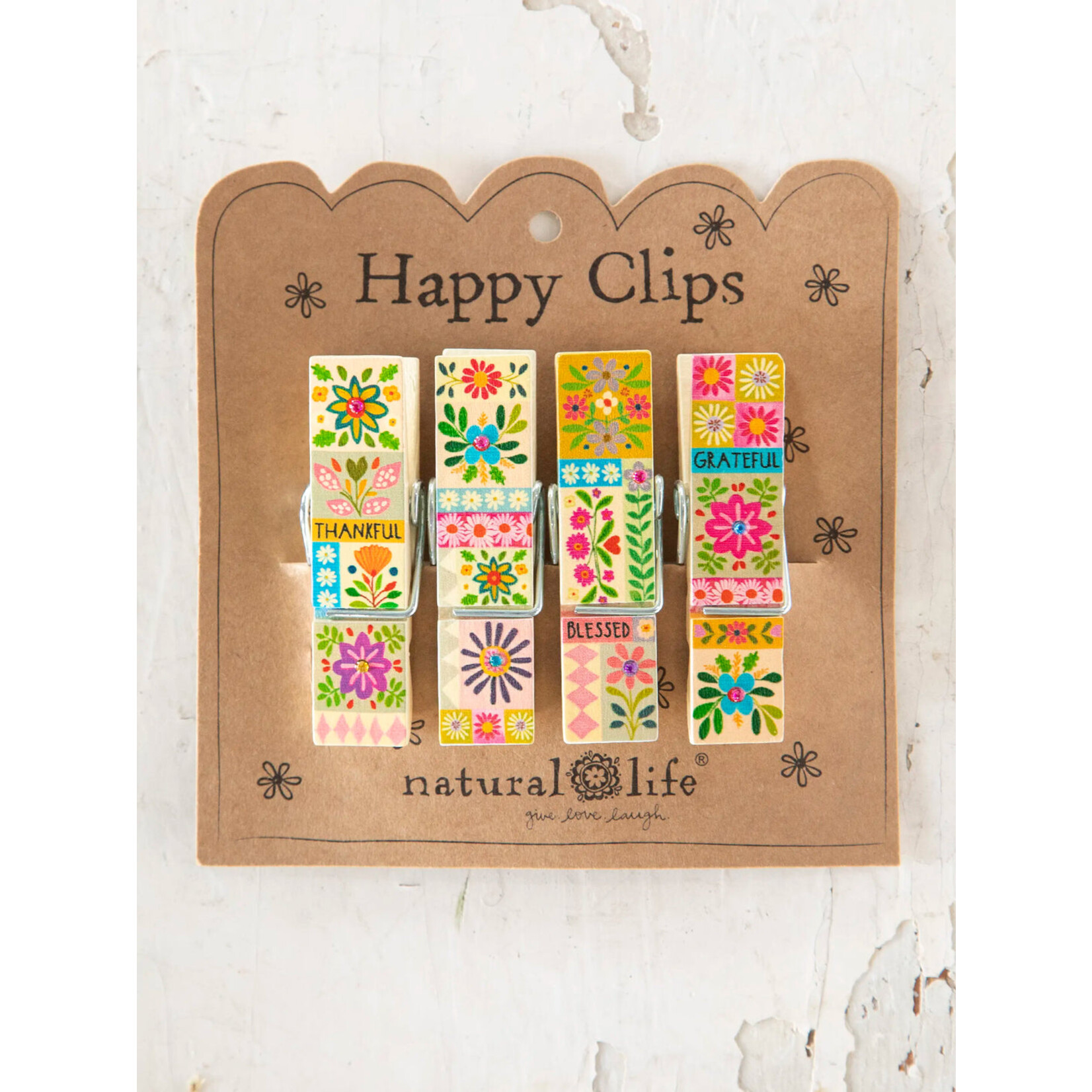 Natural Life Happy Clips - Thankful Grateful Blessed, Set of 4