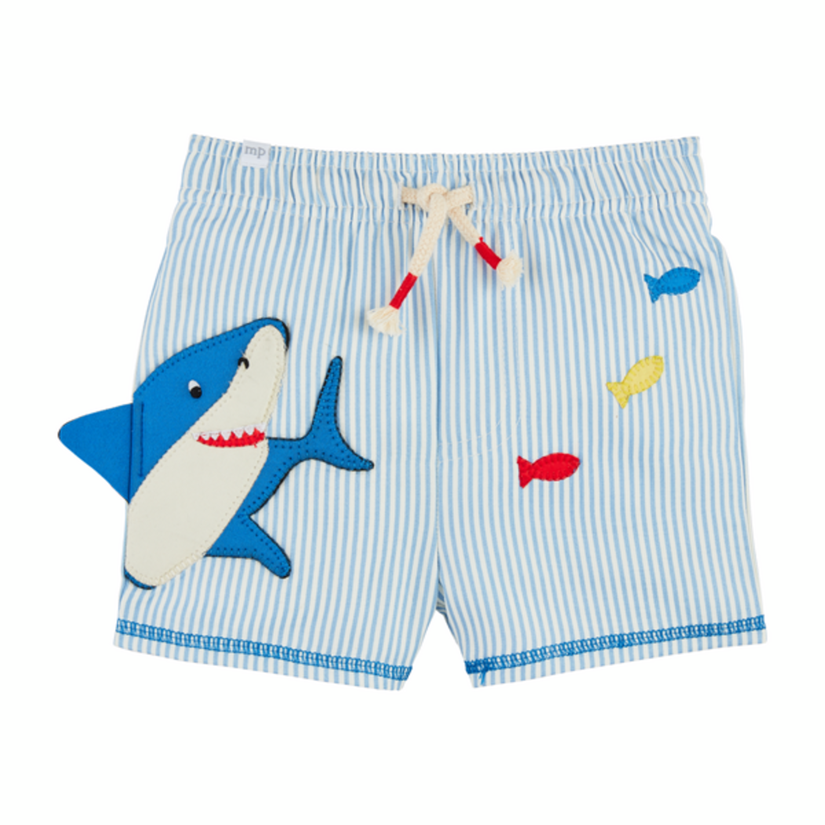 Mud Pie Boys' Shark Swim Trunks Seersucker Applique