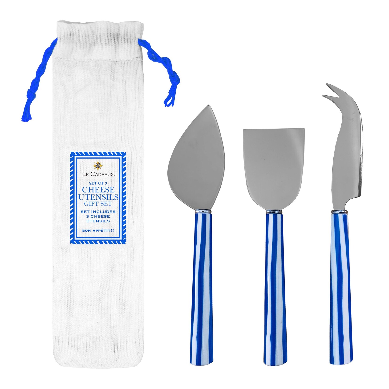 Le Cadeaux 3 Cheese Utensil Set with Blue Striped Handles Gift Set