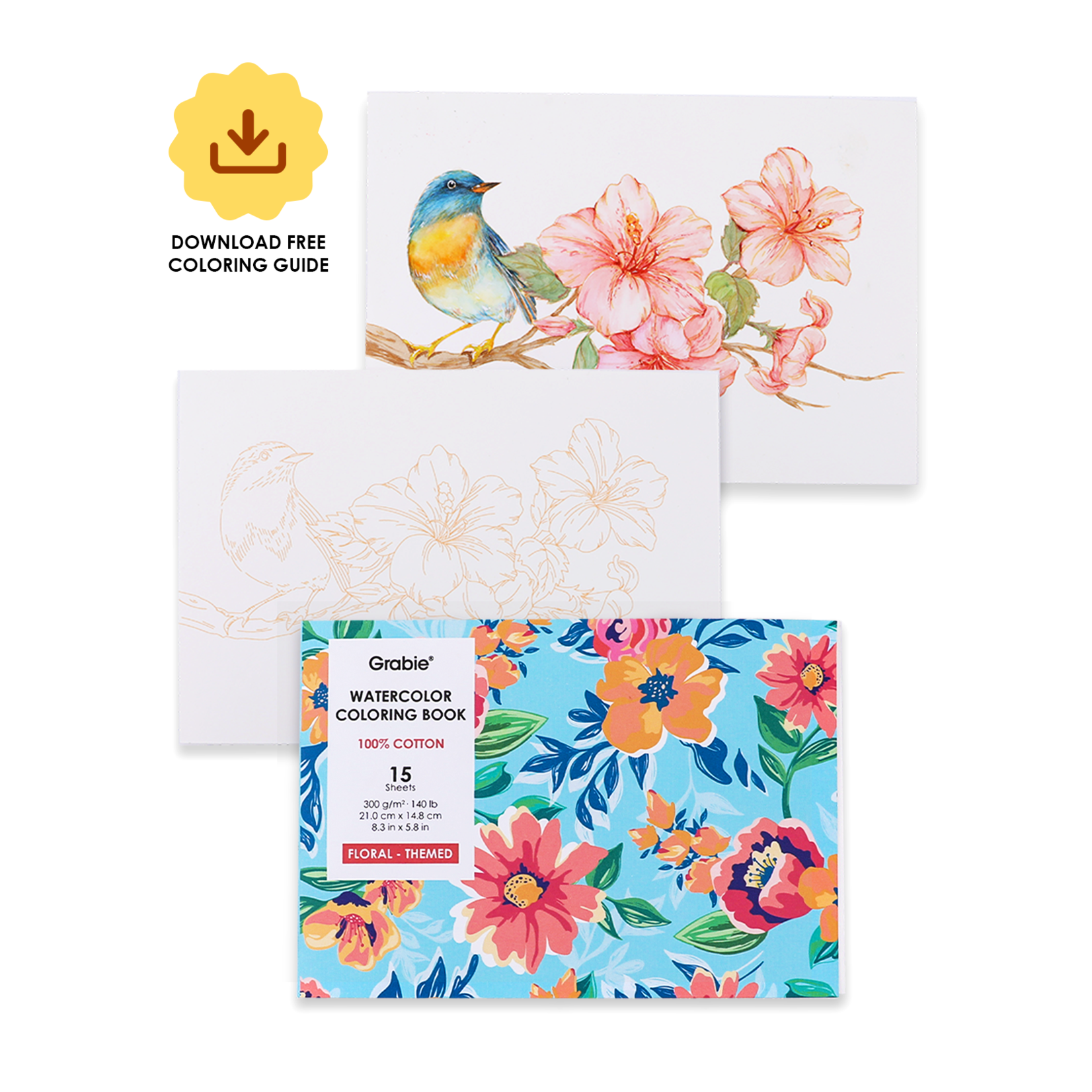 Grabie Grabie Art Floral-Themed Watercolor Coloring Book - 15 Sheets