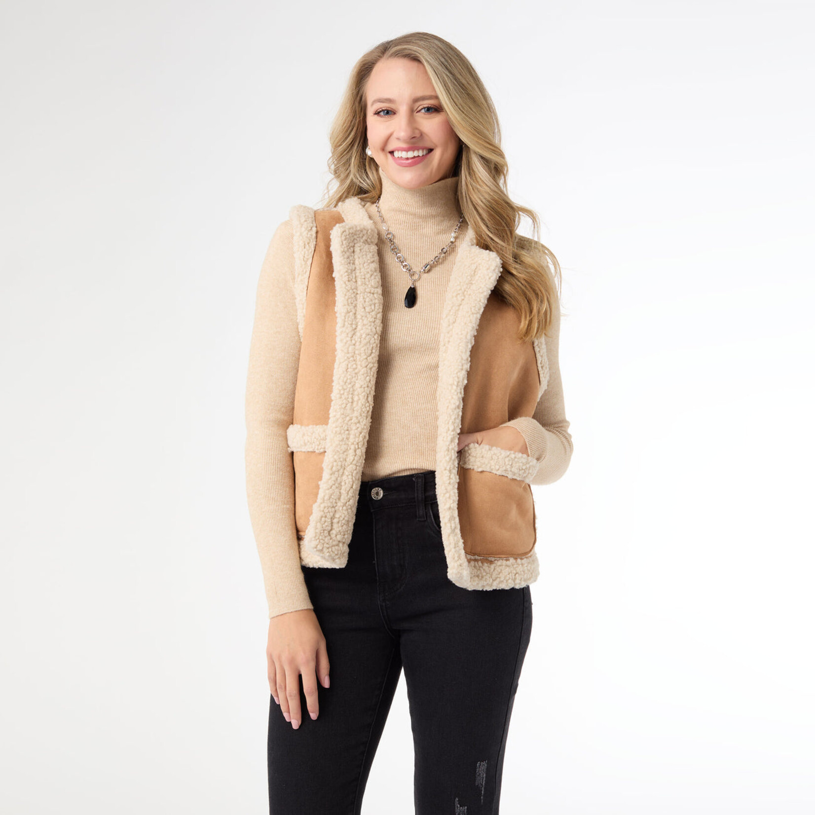 Coco+Carmen Keegan Faux Suede Open Front Vest with Sherpa