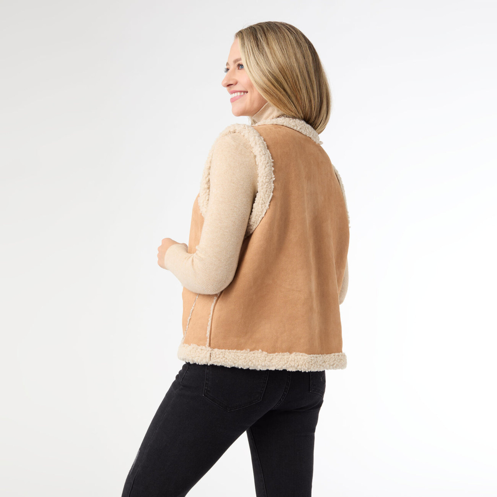Coco+Carmen Keegan Faux Suede Open Front Vest with Sherpa