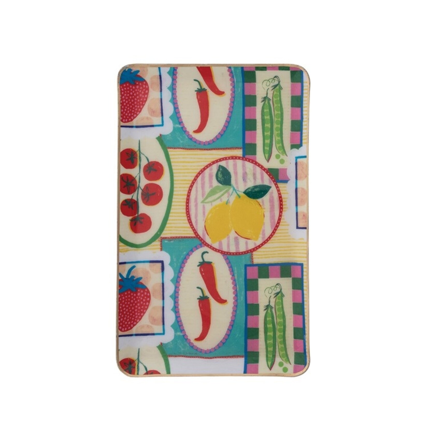 Hazel Mazel Enameld Metal Tray with Fruit Vegatable Design with Gold Edge