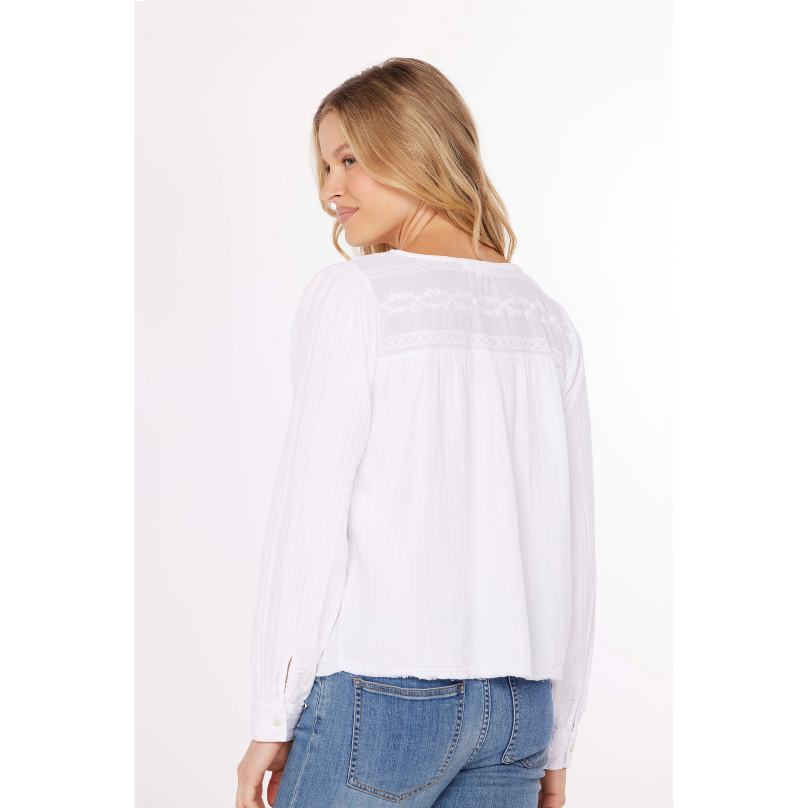 Mododoc Mododoc Long Sleeve Flowy Top with Lace Yoke