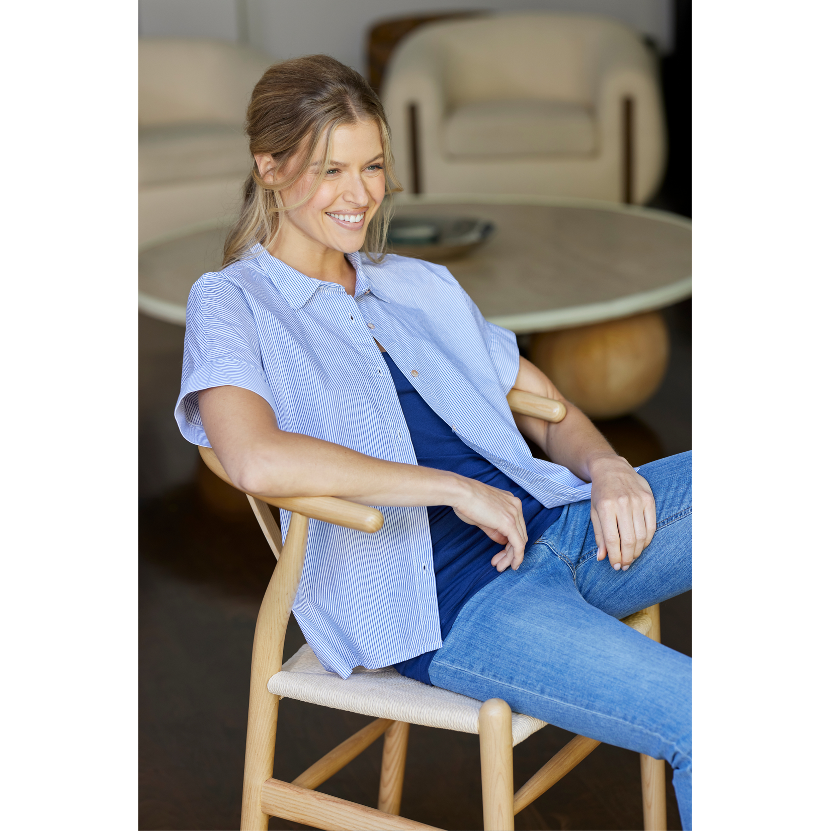 Mododoc Mododoc Half Sleeve Button Front Top - White/Denim Stripe