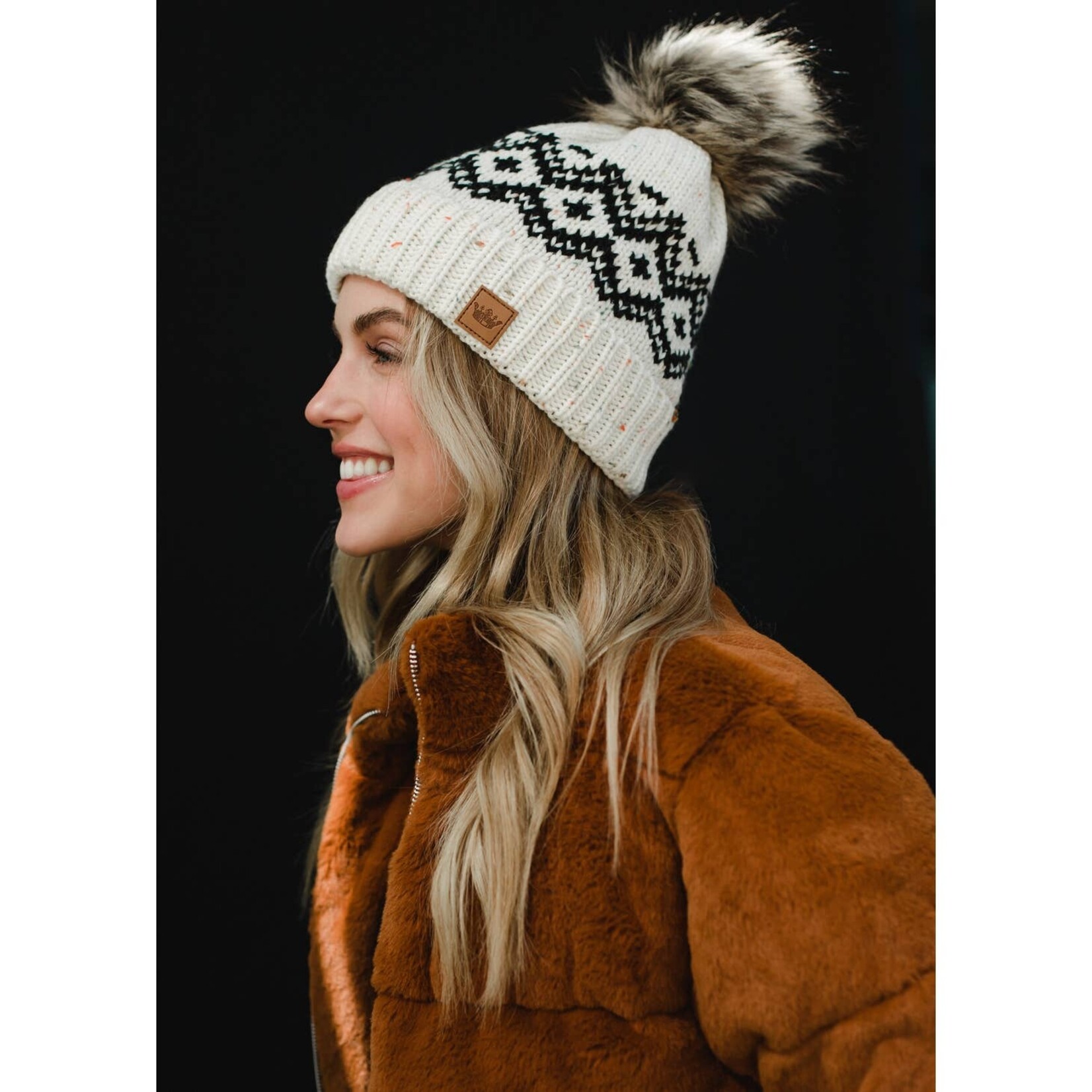 Panache Apparel Co. Cream & Charcoal Speckled Pattern Pom Hat