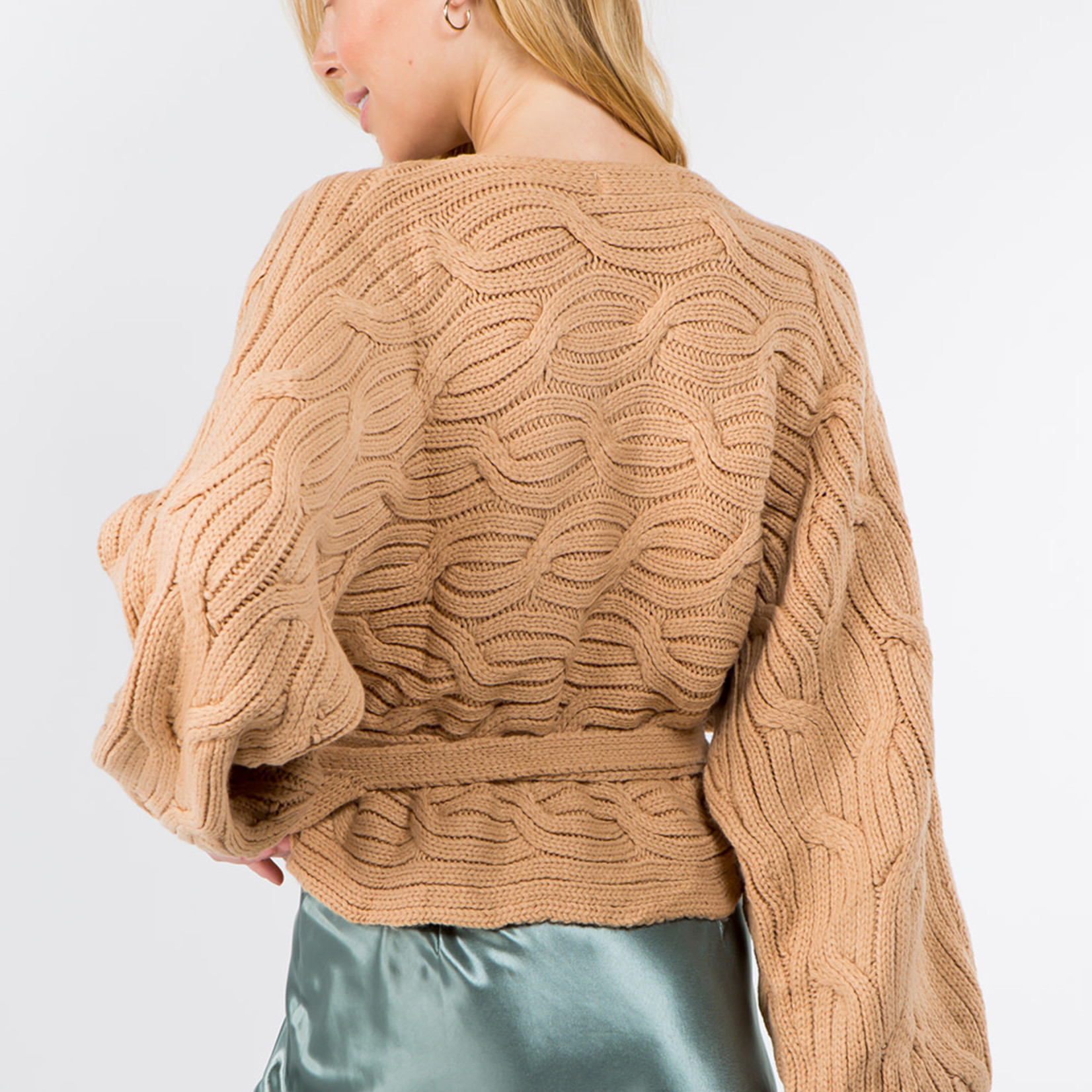 BEIGE CABLE KNIT SOFT WRAP CARDIGAN 